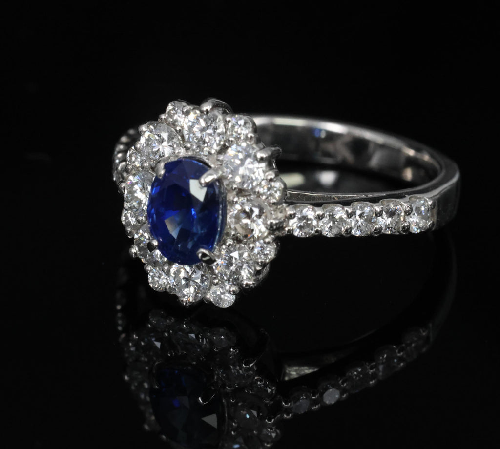 0.98ct Natural Royal Blue Sapphire & 0.81ct Diamond Halo Platinum Ring Size 5.75