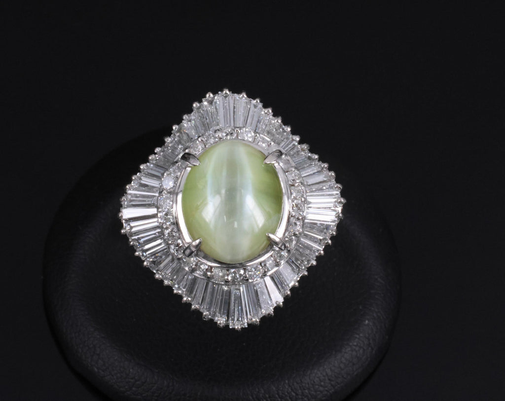 Rare 8.95ct Natural Chrysoberyl Cat's Eye 2.60ct Diamond Platinum Ring Size 6.5