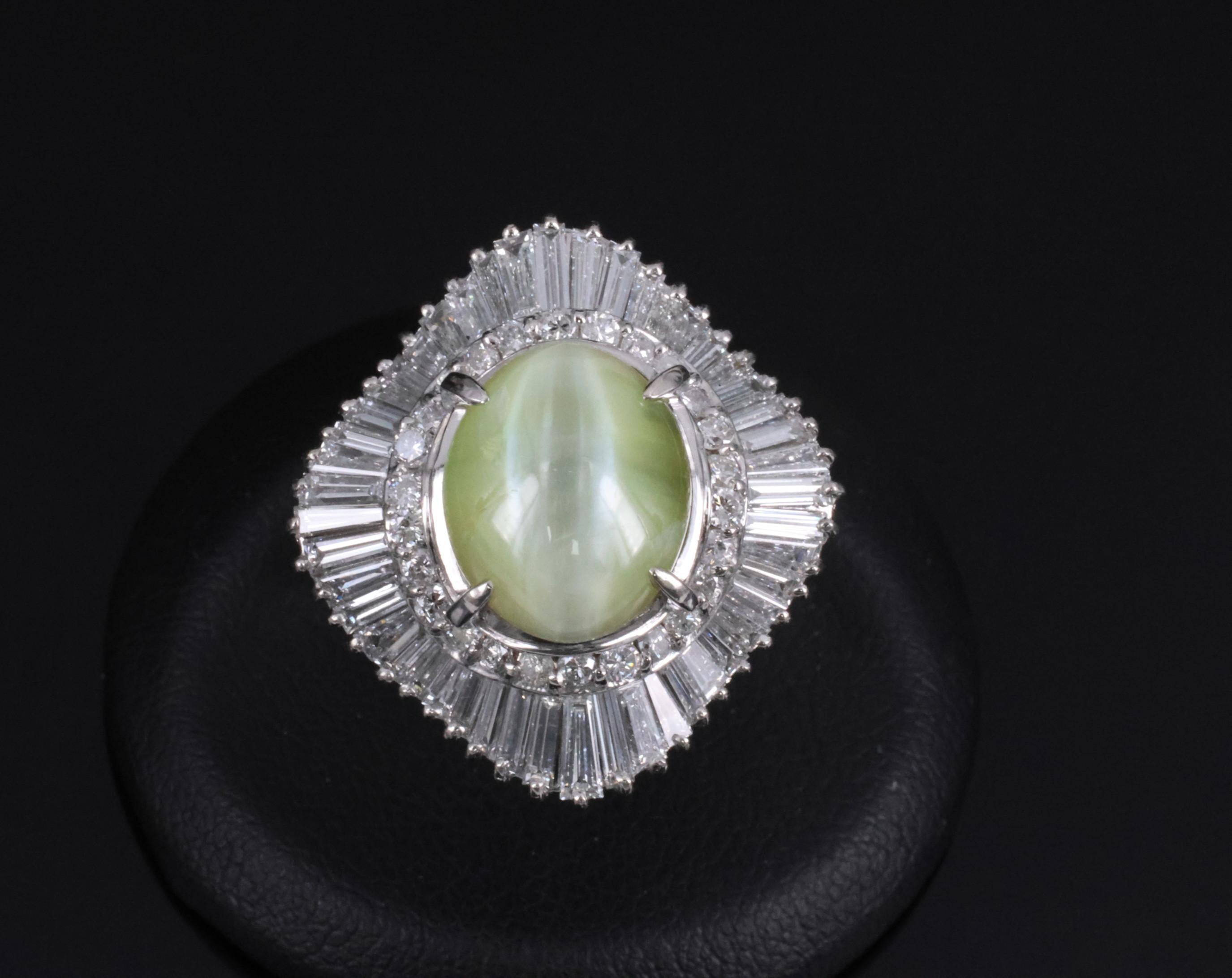 Rare 8.95ct Natural Chrysoberyl Cat's Eye 2.60ct Diamond Platinum Ring Size 6.5