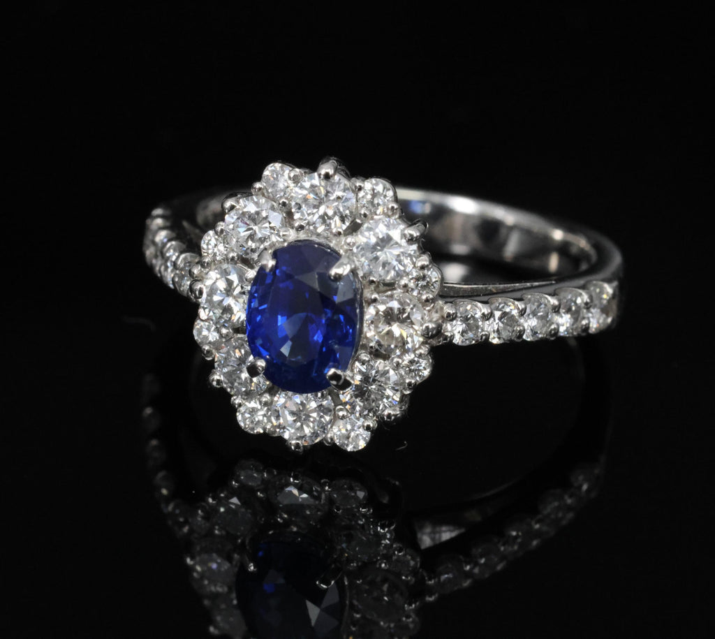 0.98ct Natural Royal Blue Sapphire & 0.81ct Diamond Halo Platinum Ring Size 5.75