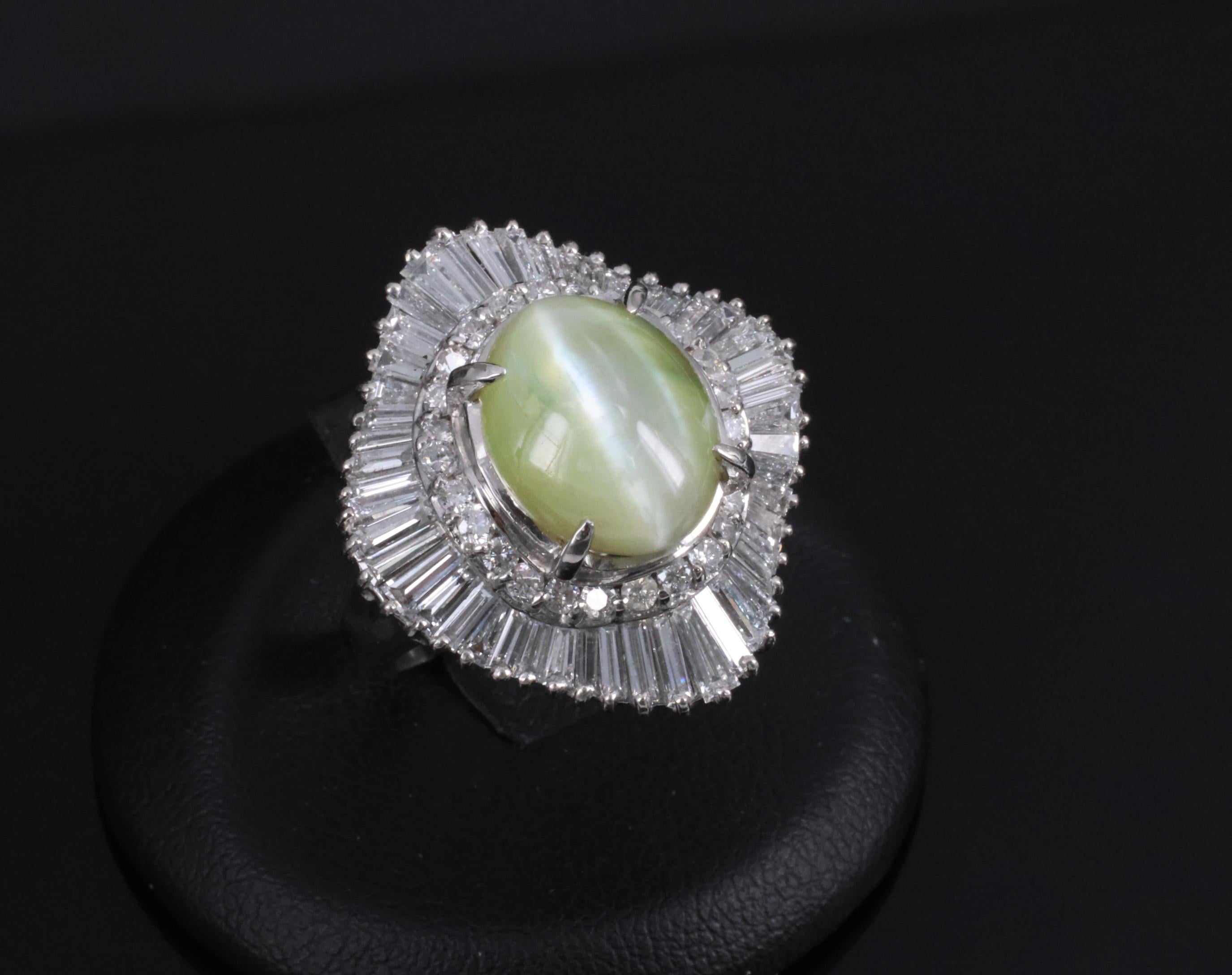 Rare 8.95ct Natural Chrysoberyl Cat's Eye 2.60ct Diamond Platinum Ring Size 6.5