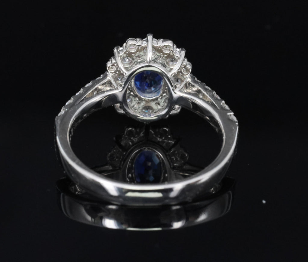 0.98ct Natural Royal Blue Sapphire & 0.81ct Diamond Halo Platinum Ring Size 5.75