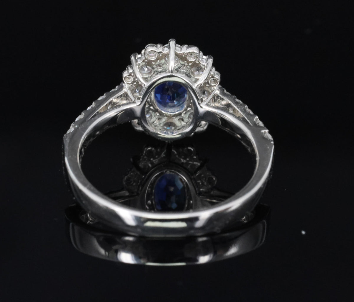 0.98ct Natural Royal Blue Sapphire & 0.81ct Diamond Halo Platinum Ring Size 5.75