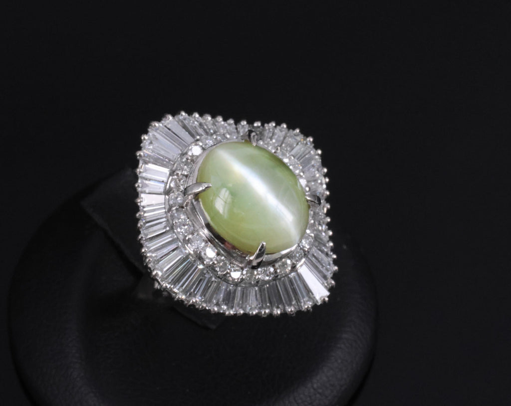 Rare 8.95ct Natural Chrysoberyl Cat's Eye 2.60ct Diamond Platinum Ring Size 6.5