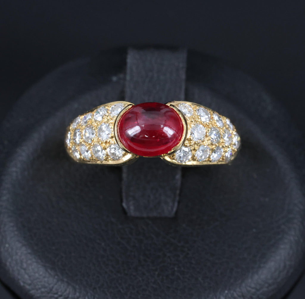 Fine 1.04ct Cabochon Natural Ruby & 0.78ct Diamond 18K Yellow Gold Ring Size 5.5