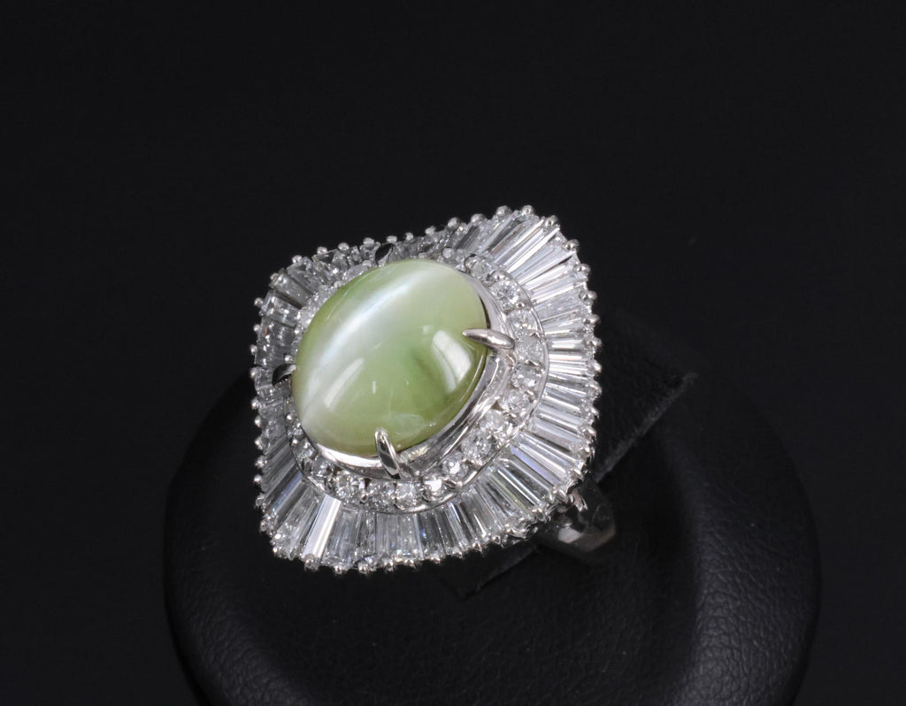 Rare 8.95ct Natural Chrysoberyl Cat's Eye 2.60ct Diamond Platinum Ring Size 6.5