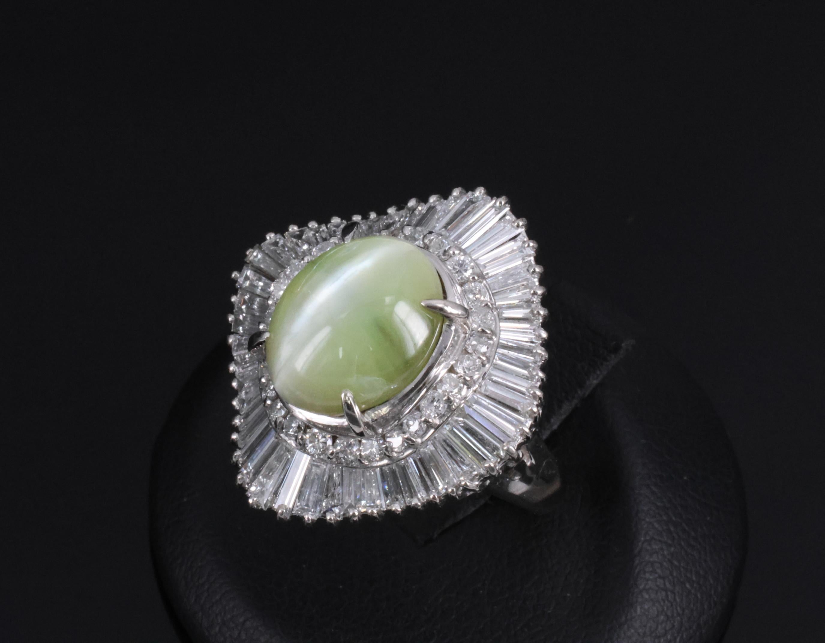 Rare 8.95ct Natural Chrysoberyl Cat's Eye 2.60ct Diamond Platinum Ring Size 6.5