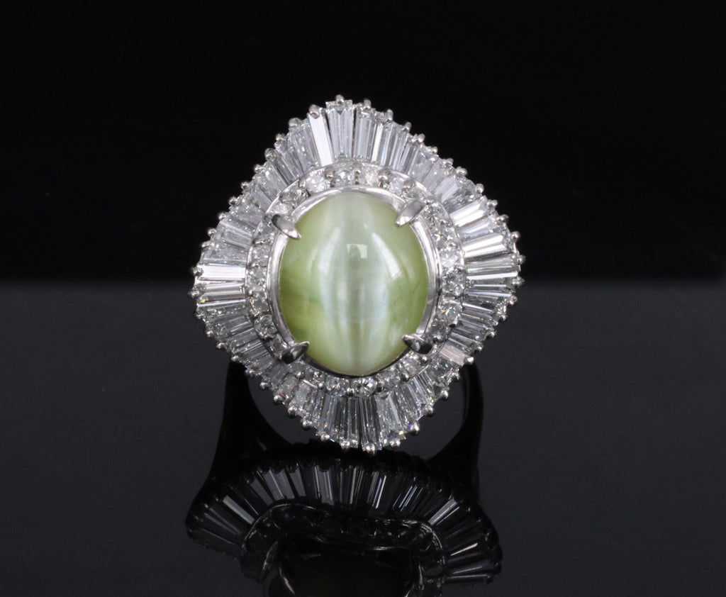 Rare 8.95ct Natural Chrysoberyl Cat's Eye 2.60ct Diamond Platinum Ring Size 6.5