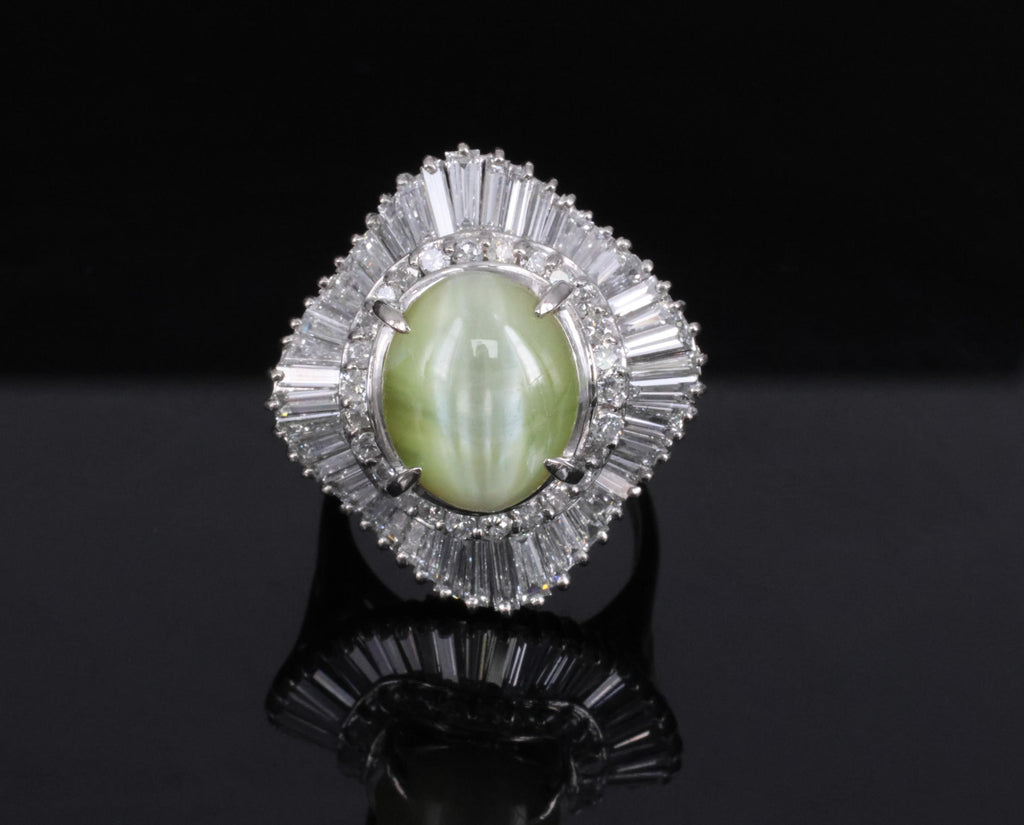 Rare 8.95ct Natural Chrysoberyl Cat's Eye 2.60ct Diamond Platinum Ring Size 6.5