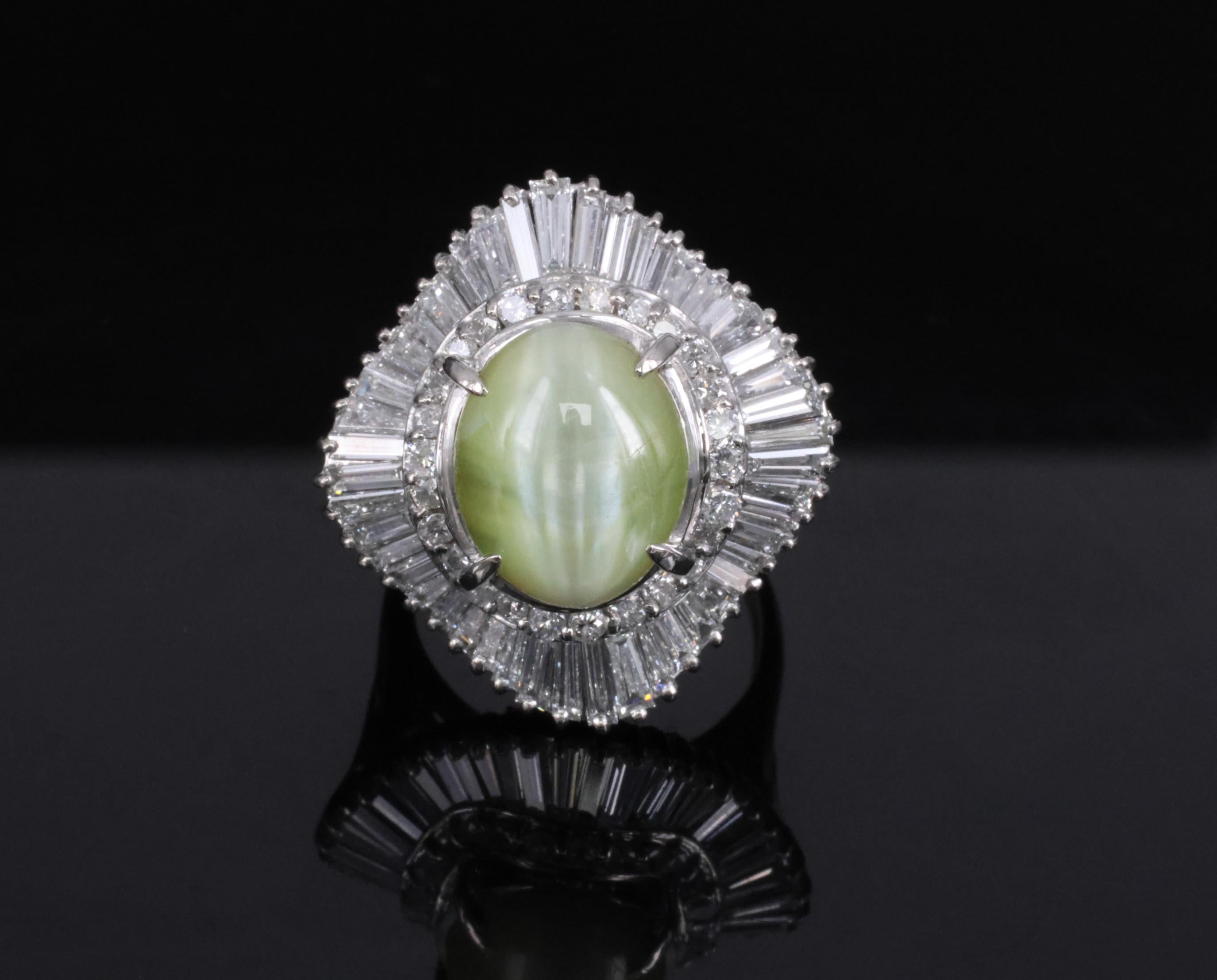 Rare 8.95ct Natural Chrysoberyl Cat's Eye 2.60ct Diamond Platinum Ring Size 6.5
