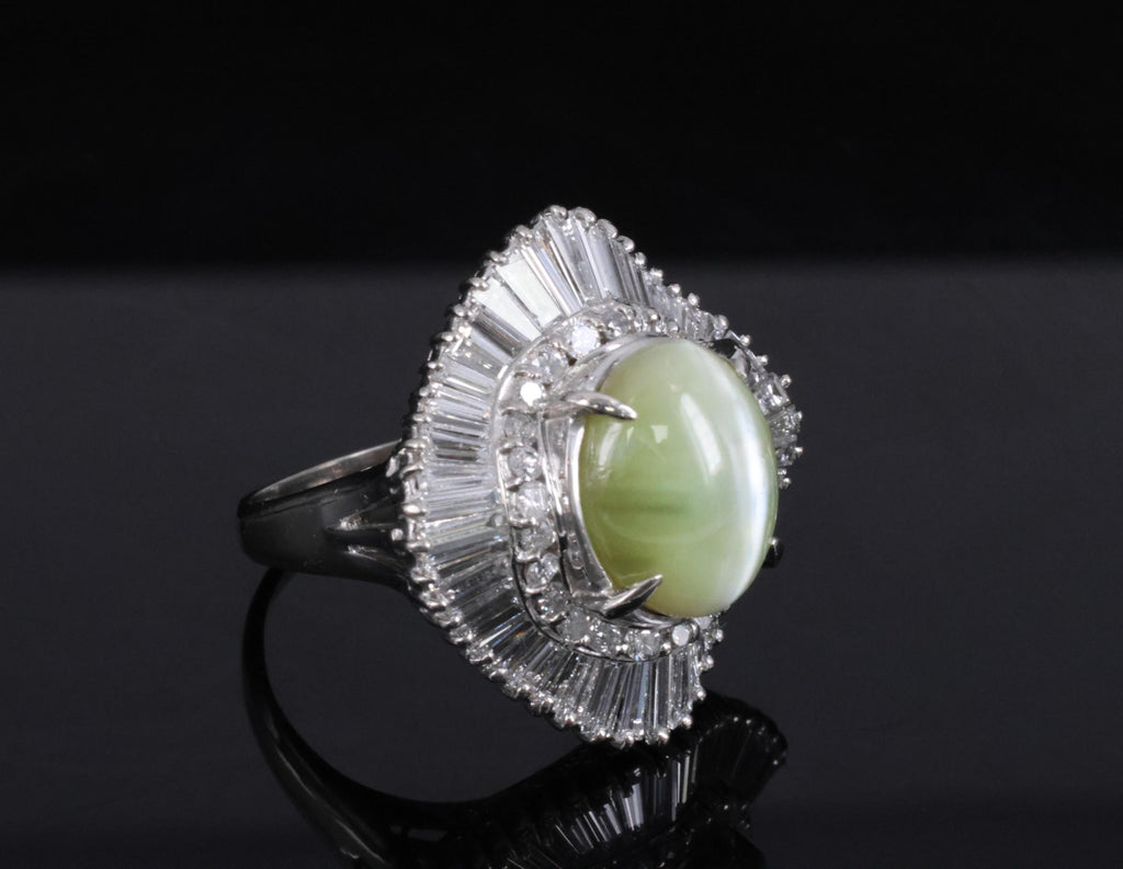 Rare 8.95ct Natural Chrysoberyl Cat's Eye 2.60ct Diamond Platinum Ring Size 6.5