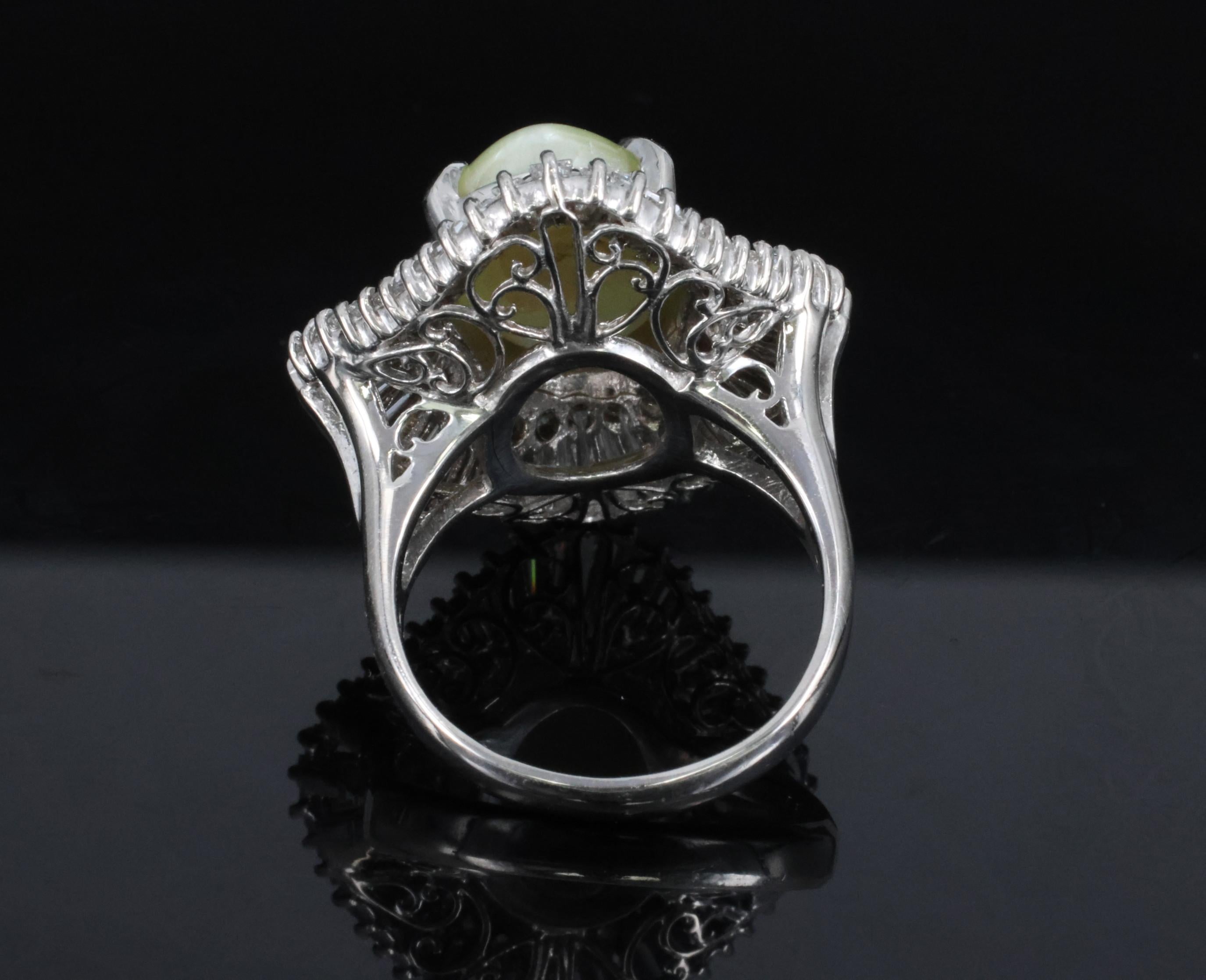 Rare 8.95ct Natural Chrysoberyl Cat's Eye 2.60ct Diamond Platinum Ring Size 6.5