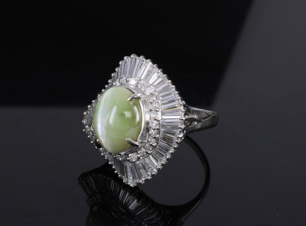 Rare 8.95ct Natural Chrysoberyl Cat's Eye 2.60ct Diamond Platinum Ring Size 6.5