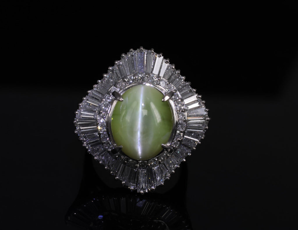 Rare 8.95ct Natural Chrysoberyl Cat's Eye 2.60ct Diamond Platinum Ring Size 6.5