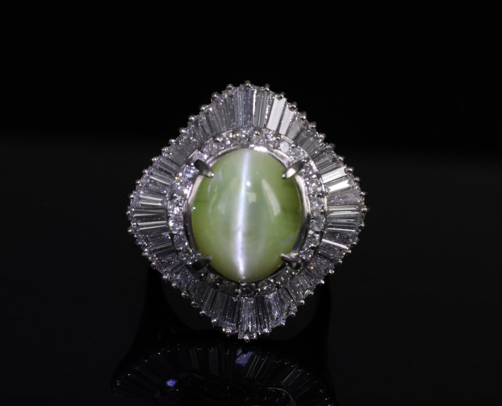 Rare 8.95ct Natural Chrysoberyl Cat's Eye 2.60ct Diamond Platinum Ring Size 6.5