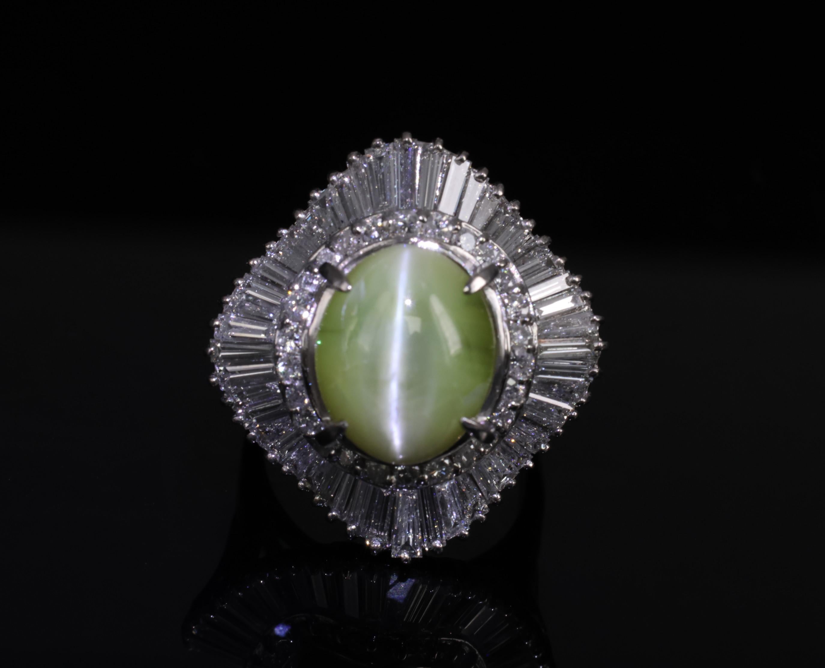 Rare 8.95ct Natural Chrysoberyl Cat's Eye 2.60ct Diamond Platinum Ring Size 6.5