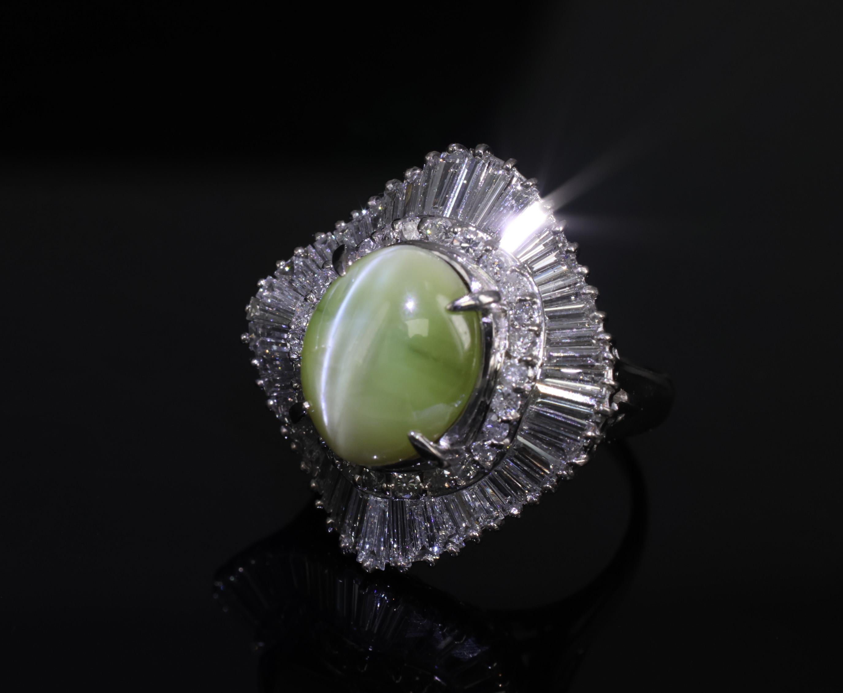 Rare 8.95ct Natural Chrysoberyl Cat's Eye 2.60ct Diamond Platinum Ring Size 6.5