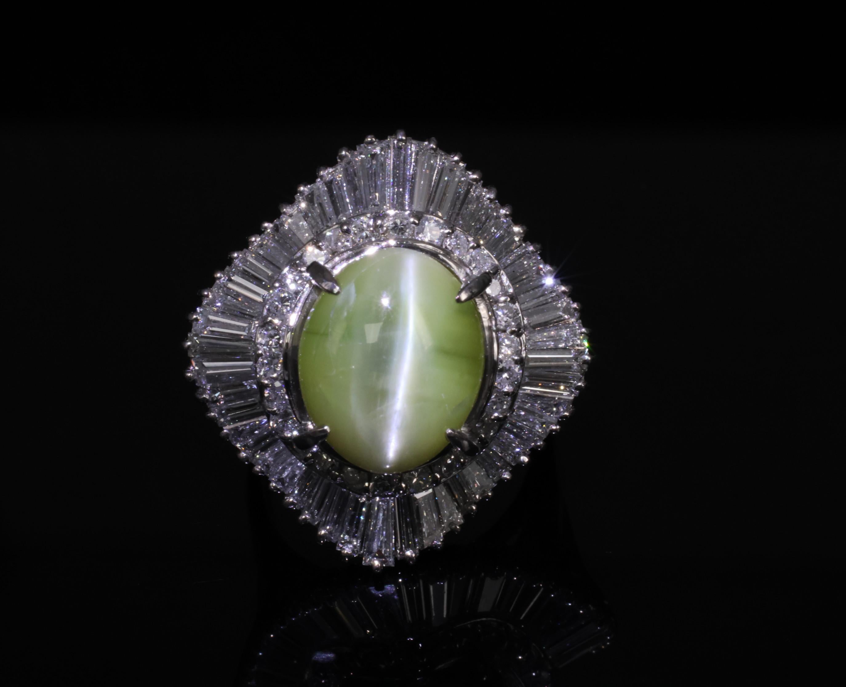 Rare 8.95ct Natural Chrysoberyl Cat's Eye 2.60ct Diamond Platinum Ring Size 6.5