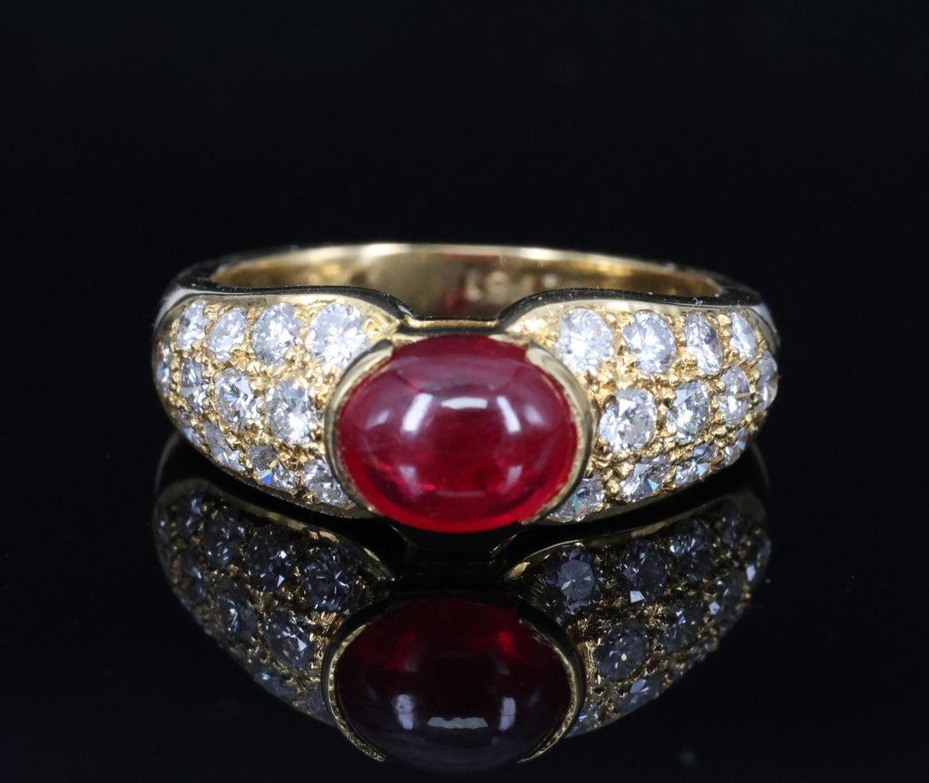 Fine 1.04ct Cabochon Natural Ruby & 0.78ct Diamond 18K Yellow Gold Ring Size 5.5