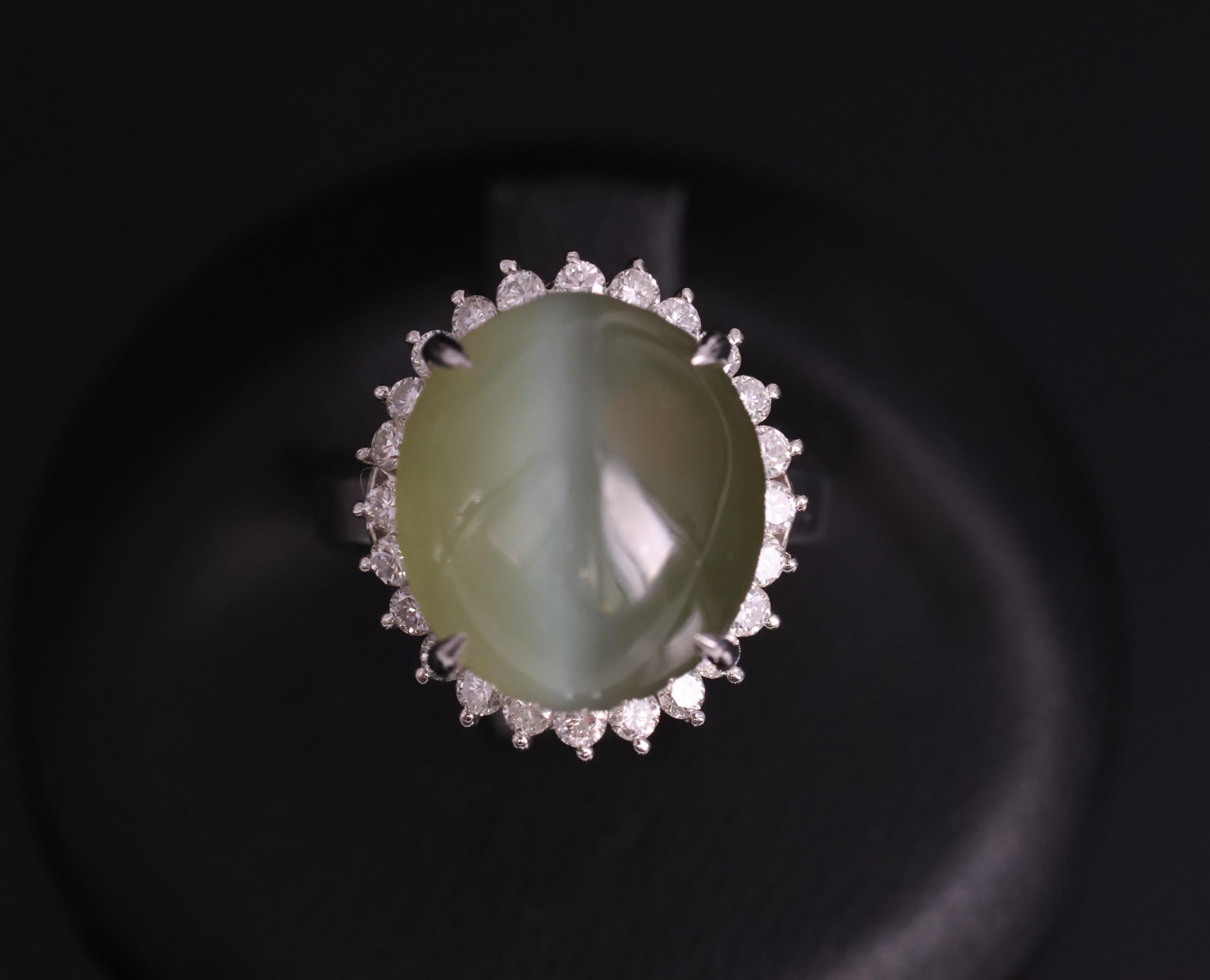 Rare 7.73ct Natural Nephrite Jade Cat's Eye 0.55ct Diamond Platinum Ring Sz 4.25