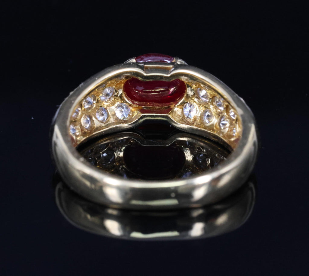 Fine 1.04ct Cabochon Natural Ruby & 0.78ct Diamond 18K Yellow Gold Ring Size 5.5