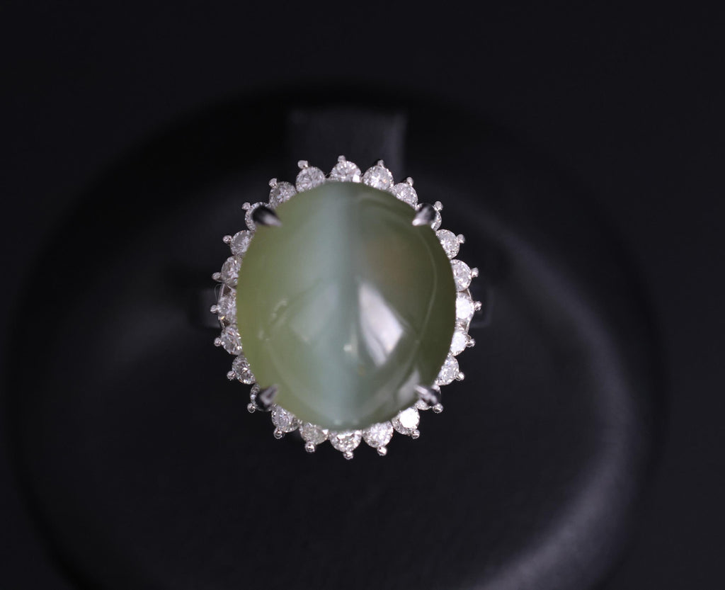 Rare 7.73ct Natural Nephrite Jade Cat's Eye 0.55ct Diamond Platinum Ring Sz 4.25