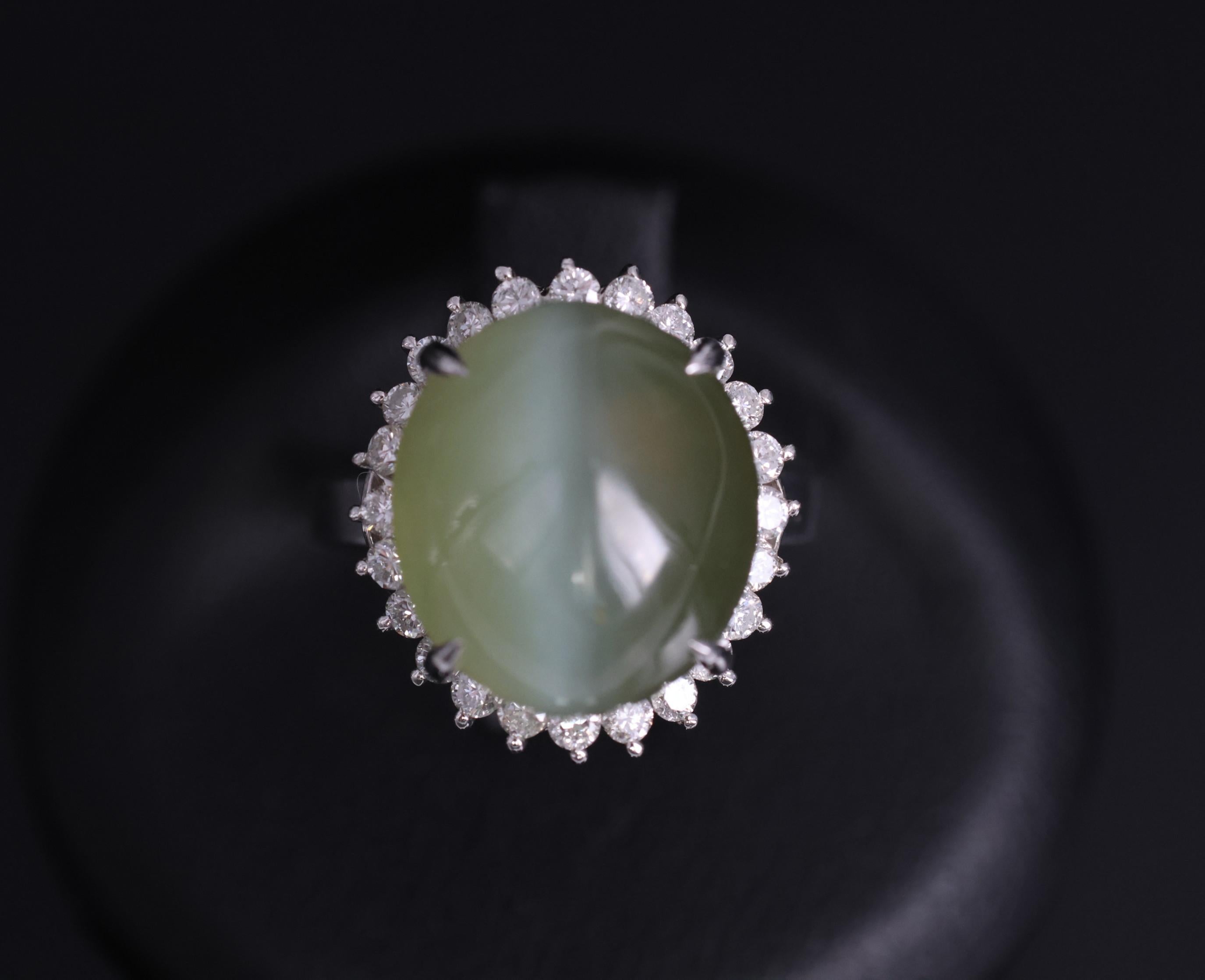 Rare 7.73ct Natural Nephrite Jade Cat's Eye 0.55ct Diamond Platinum Ring Sz 4.25