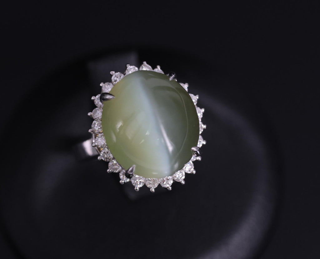 Rare 7.73ct Natural Nephrite Jade Cat's Eye 0.55ct Diamond Platinum Ring Sz 4.25