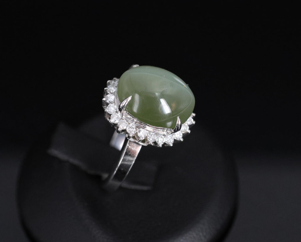 Rare 7.73ct Natural Nephrite Jade Cat's Eye 0.55ct Diamond Platinum Ring Sz 4.25