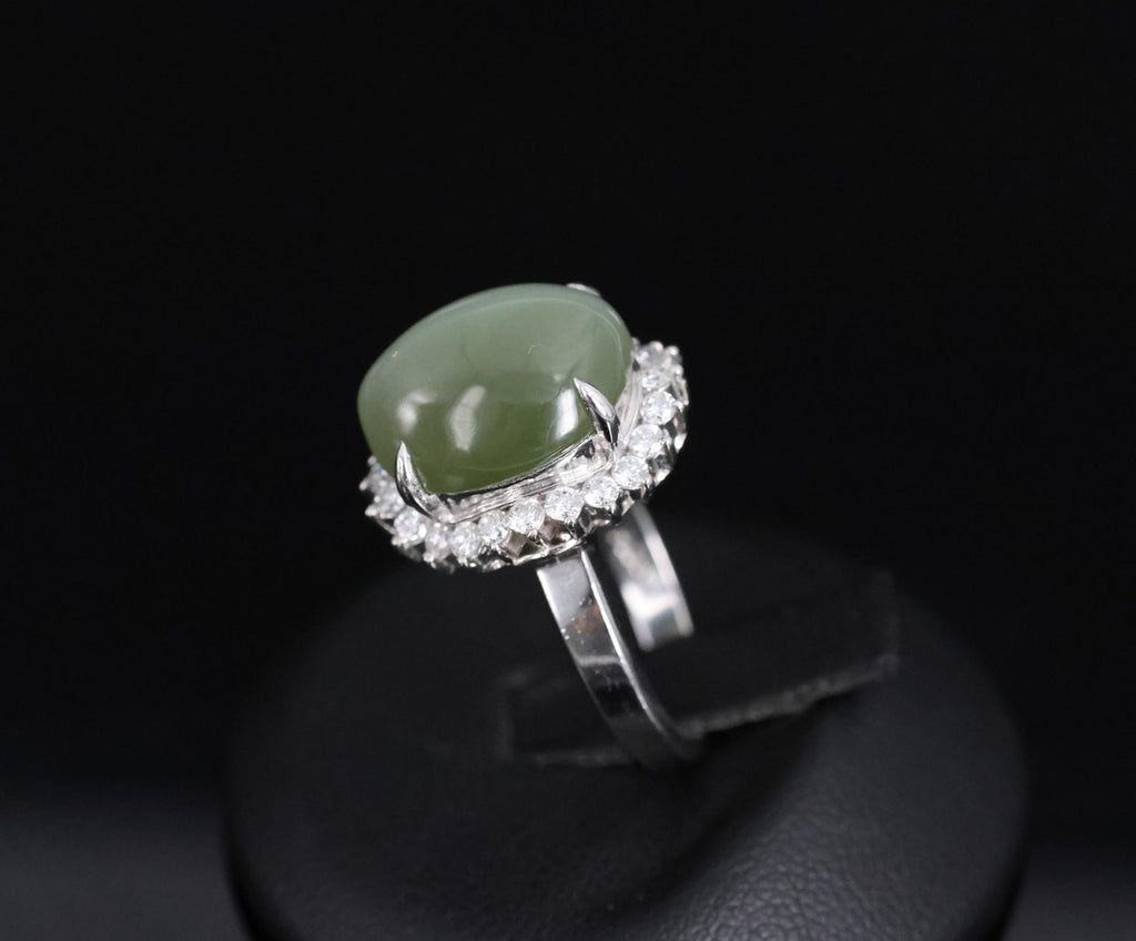 Rare 7.73ct Natural Nephrite Jade Cat's Eye 0.55ct Diamond Platinum Ring Sz 4.25