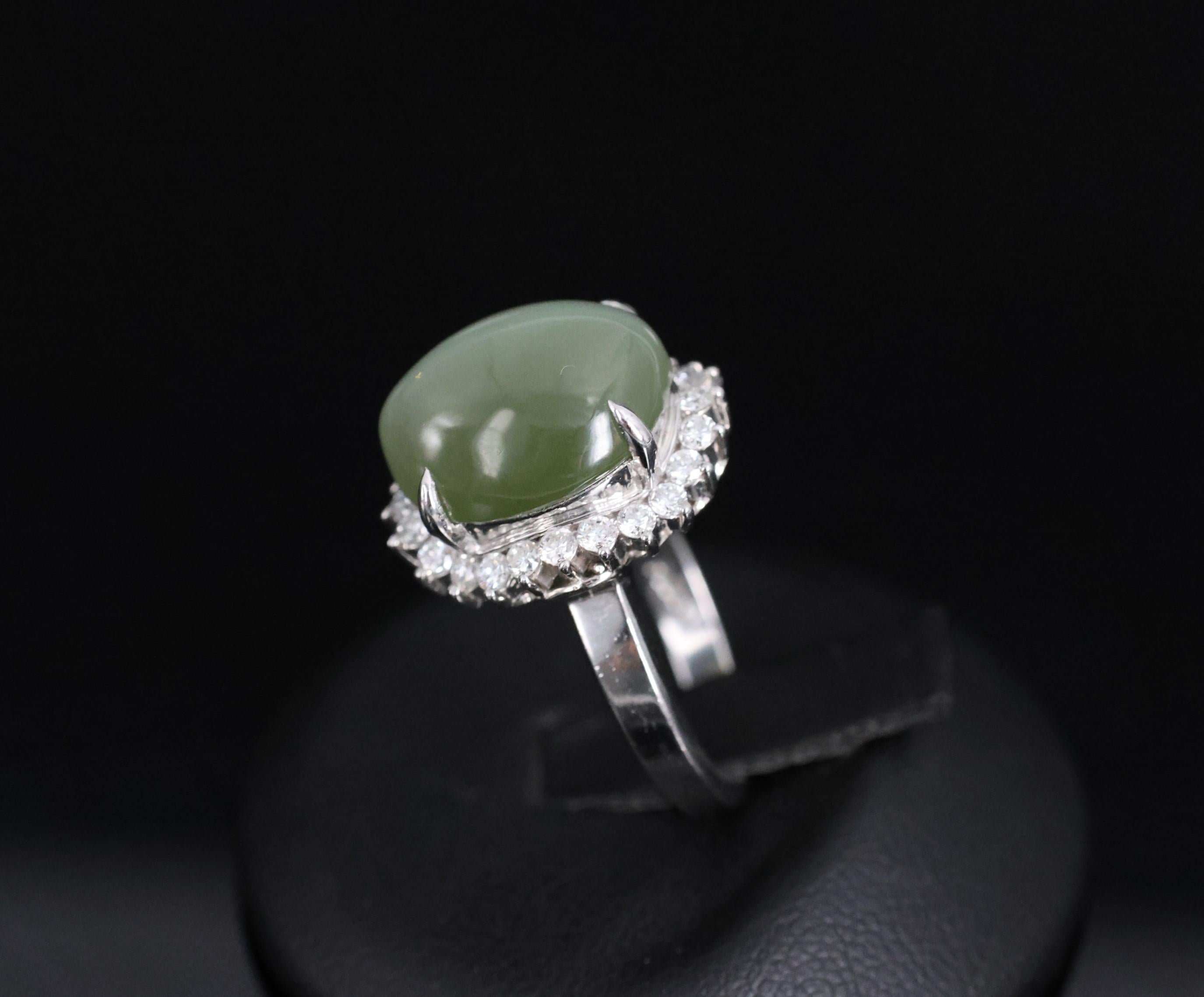 Rare 7.73ct Natural Nephrite Jade Cat's Eye 0.55ct Diamond Platinum Ring Sz 4.25