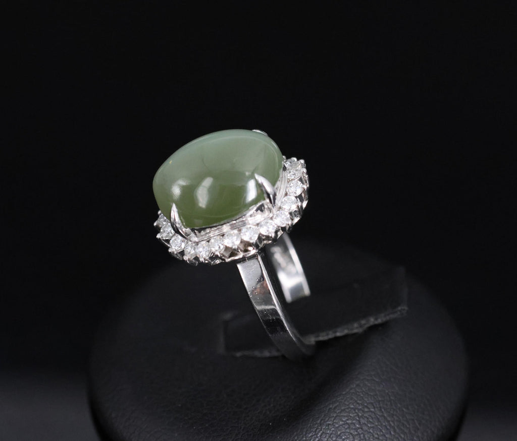 Rare 7.73ct Natural Nephrite Jade Cat's Eye 0.55ct Diamond Platinum Ring Sz 4.25