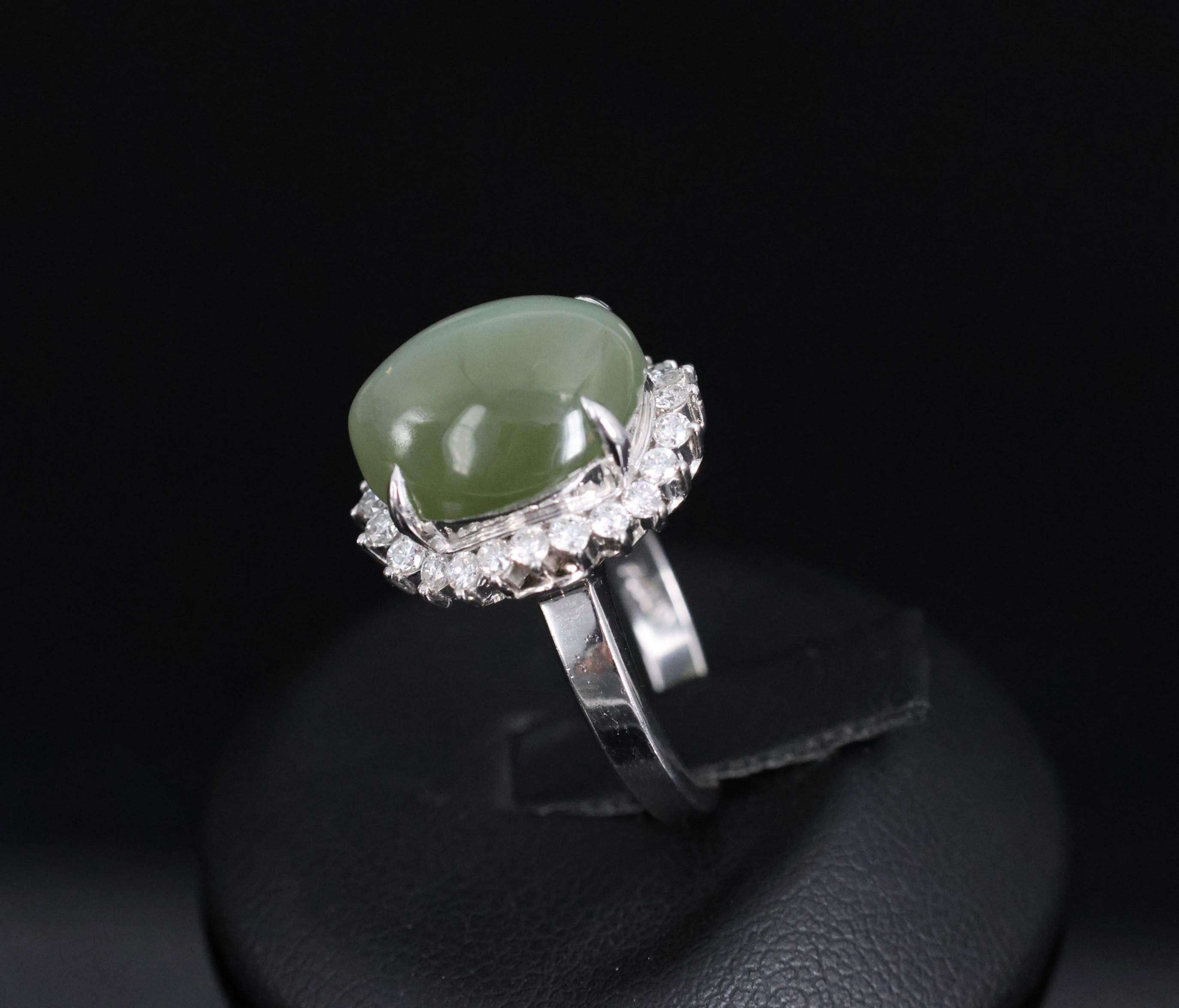 Rare 7.73ct Natural Nephrite Jade Cat's Eye 0.55ct Diamond Platinum Ring Sz 4.25