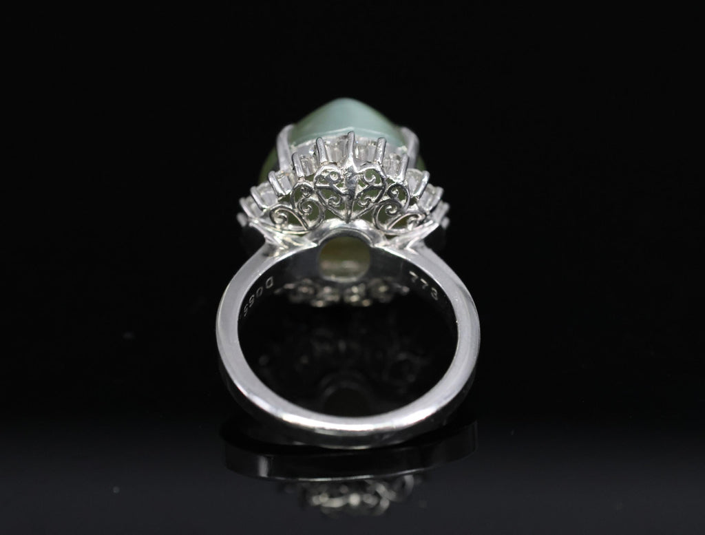 Rare 7.73ct Natural Nephrite Jade Cat's Eye 0.55ct Diamond Platinum Ring Sz 4.25