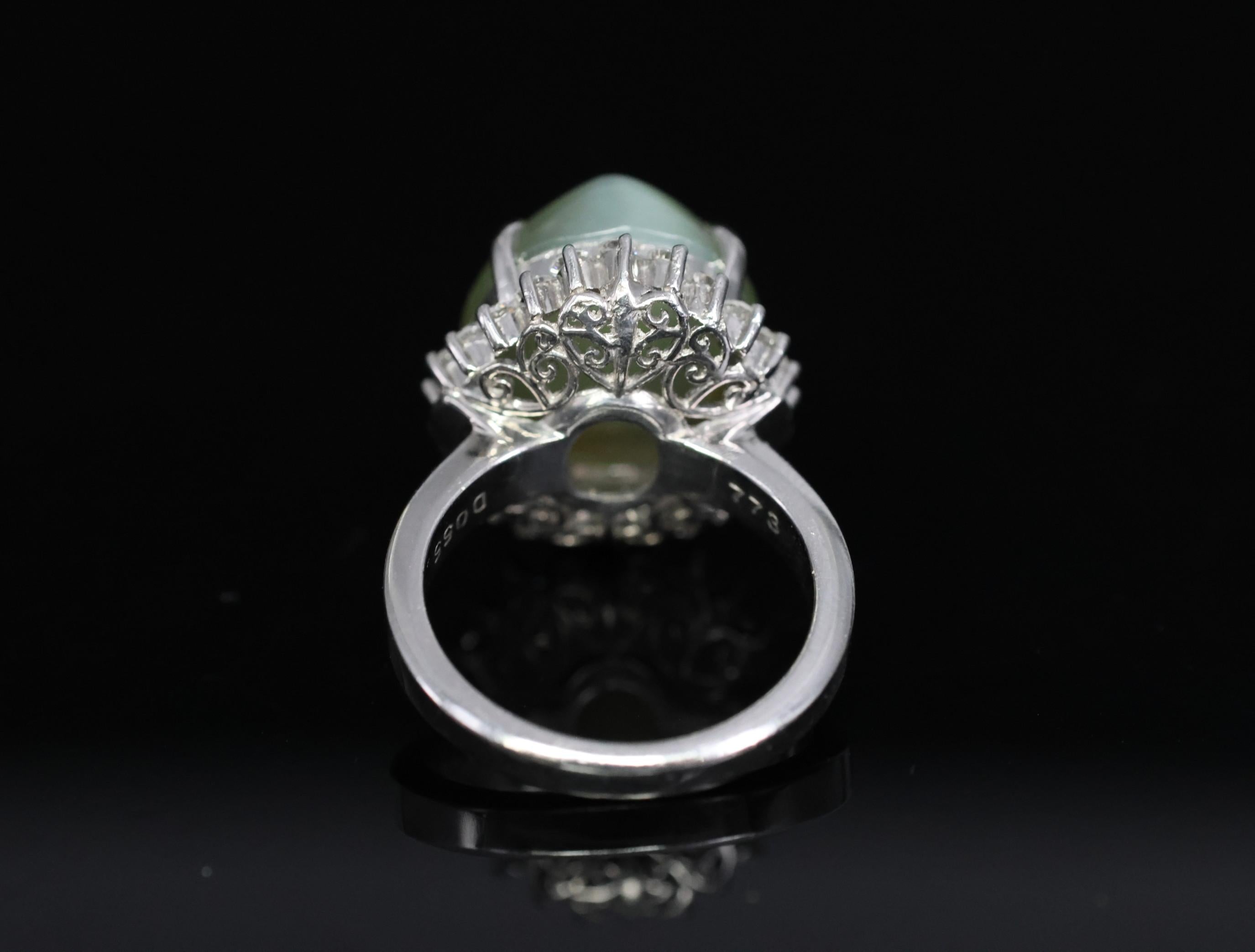 Rare 7.73ct Natural Nephrite Jade Cat's Eye 0.55ct Diamond Platinum Ring Sz 4.25