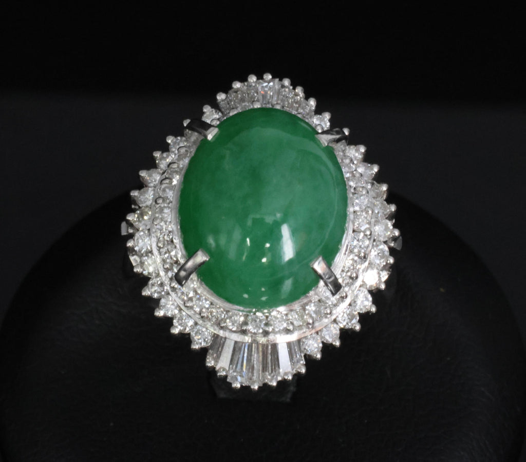 Fine 9.98ct Natural Green Jadeite Jade & 1.21ct Diamond Platinum Ring, Size 7