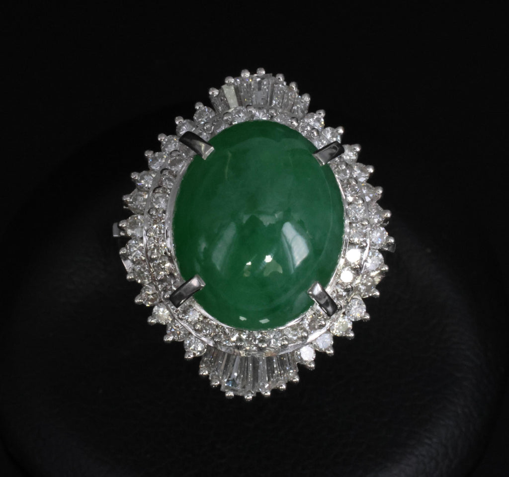 Fine 9.98ct Natural Green Jadeite Jade & 1.21ct Diamond Platinum Ring, Size 7