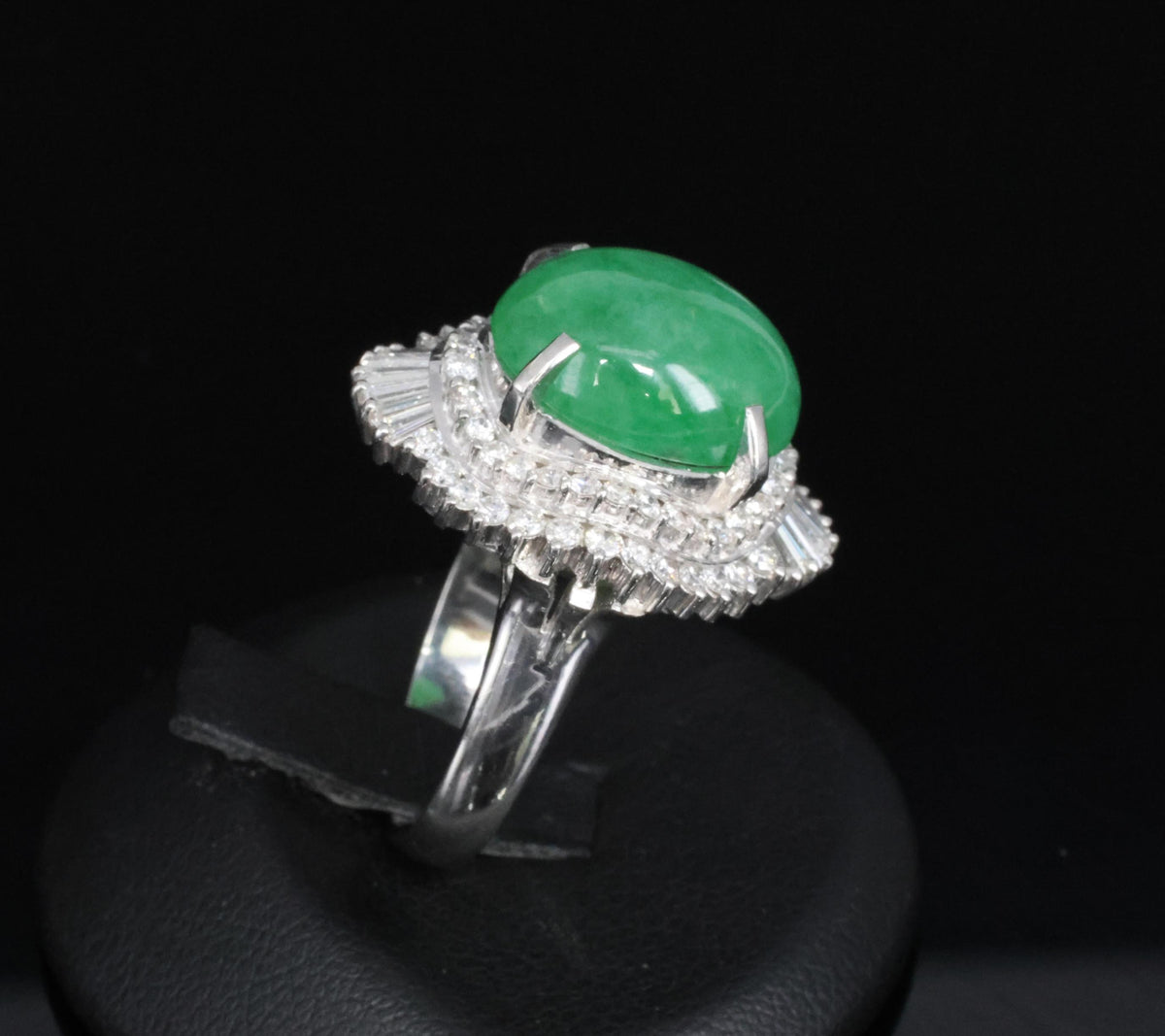 Fine 9.98ct Natural Green Jadeite Jade & 1.21ct Diamond Platinum Ring, Size 7