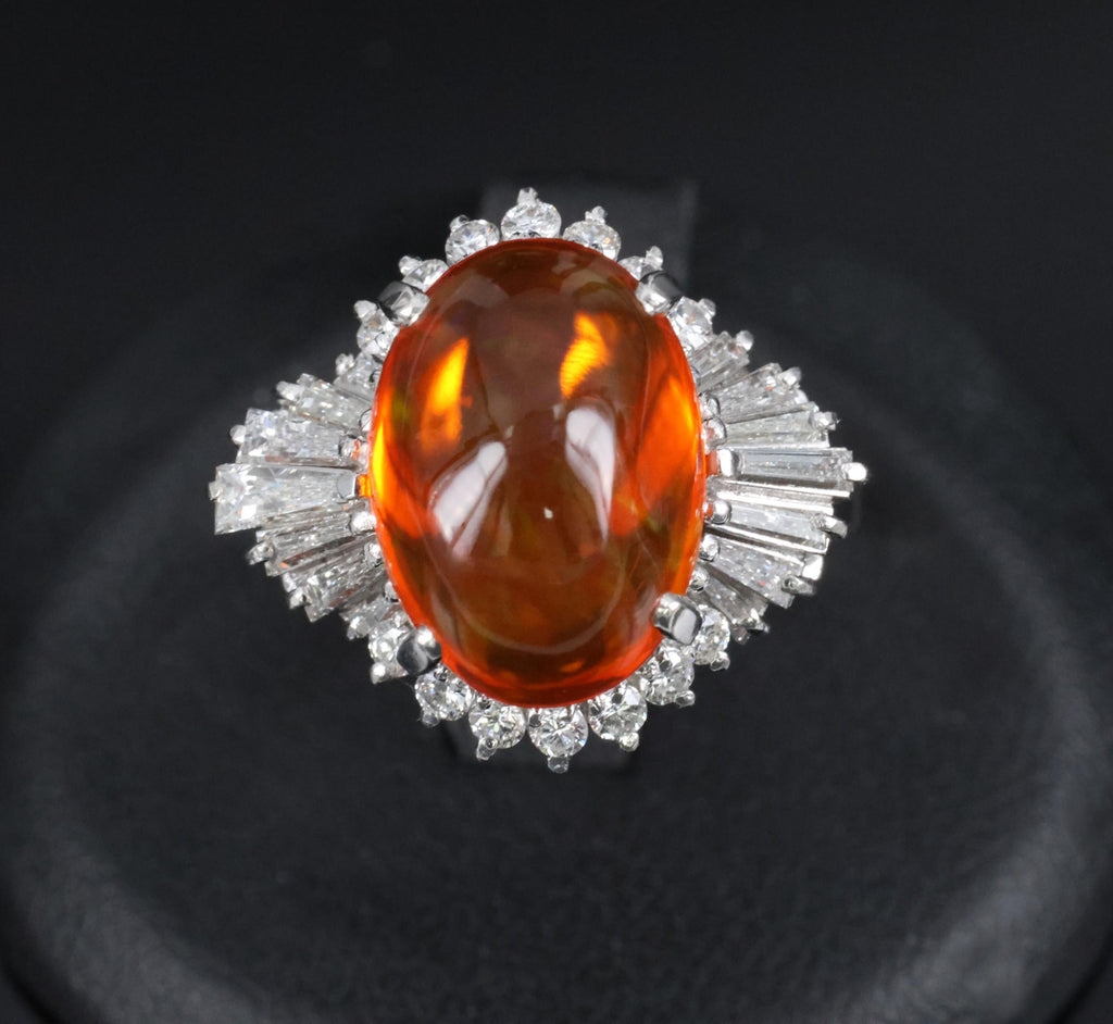 4.68ct Natural Untreated Mexican Fire Opal & 1.07ct Diamond Platinum Ring Size 7