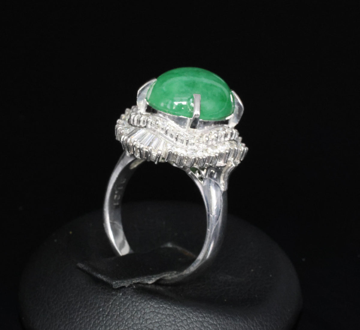 Fine 9.98ct Natural Green Jadeite Jade & 1.21ct Diamond Platinum Ring, Size 7