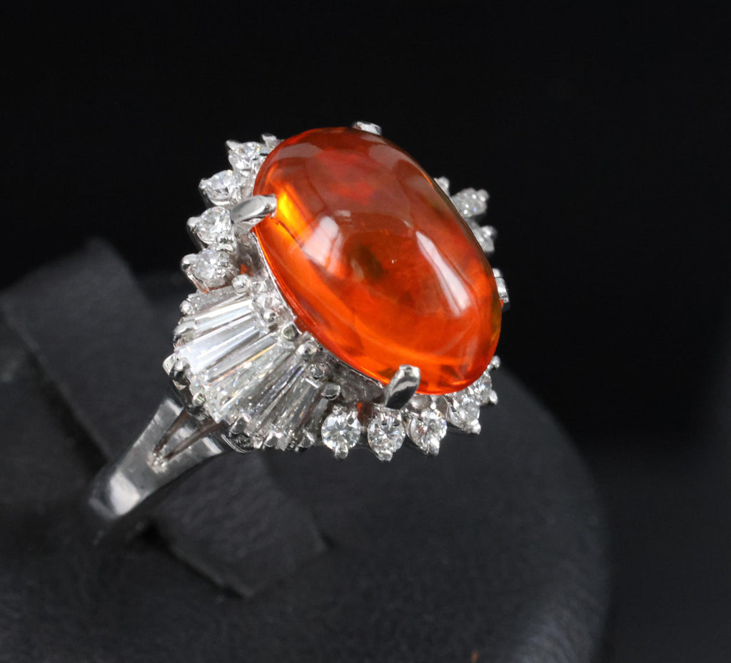 4.68ct Natural Untreated Mexican Fire Opal & 1.07ct Diamond Platinum Ring Size 7