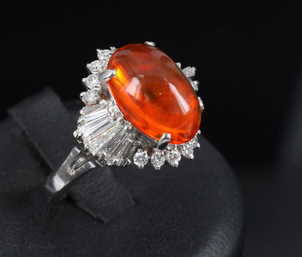 4.68ct Natural Untreated Mexican Fire Opal & 1.07ct Diamond Platinum Ring Size 7