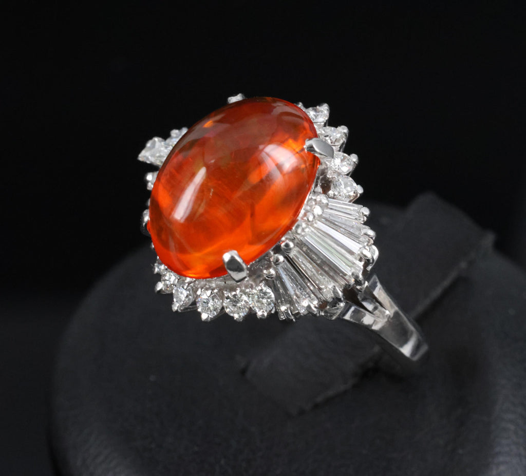 4.68ct Natural Untreated Mexican Fire Opal & 1.07ct Diamond Platinum Ring Size 7