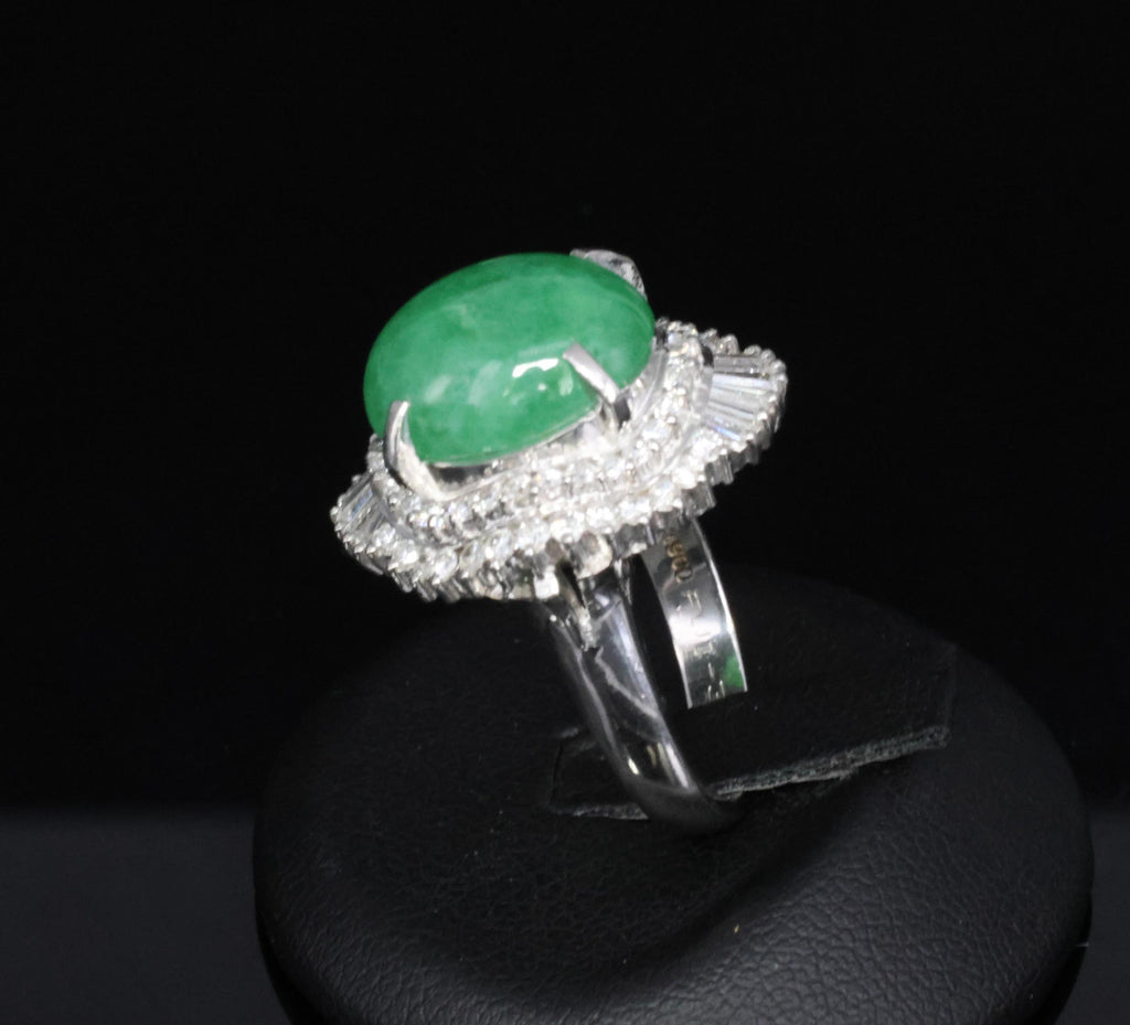 Fine 9.98ct Natural Green Jadeite Jade & 1.21ct Diamond Platinum Ring, Size 7