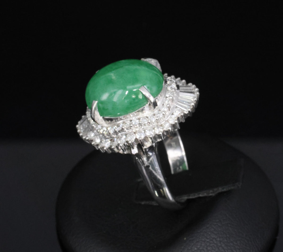 Fine 9.98ct Natural Green Jadeite Jade & 1.21ct Diamond Platinum Ring, Size 7