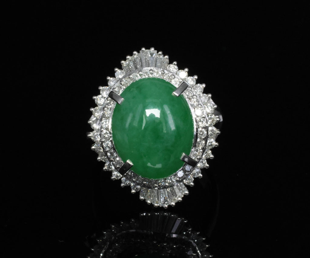 Fine 9.98ct Natural Green Jadeite Jade & 1.21ct Diamond Platinum Ring, Size 7