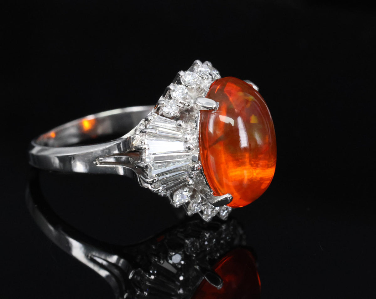 4.68ct Natural Untreated Mexican Fire Opal & 1.07ct Diamond Platinum Ring Size 7