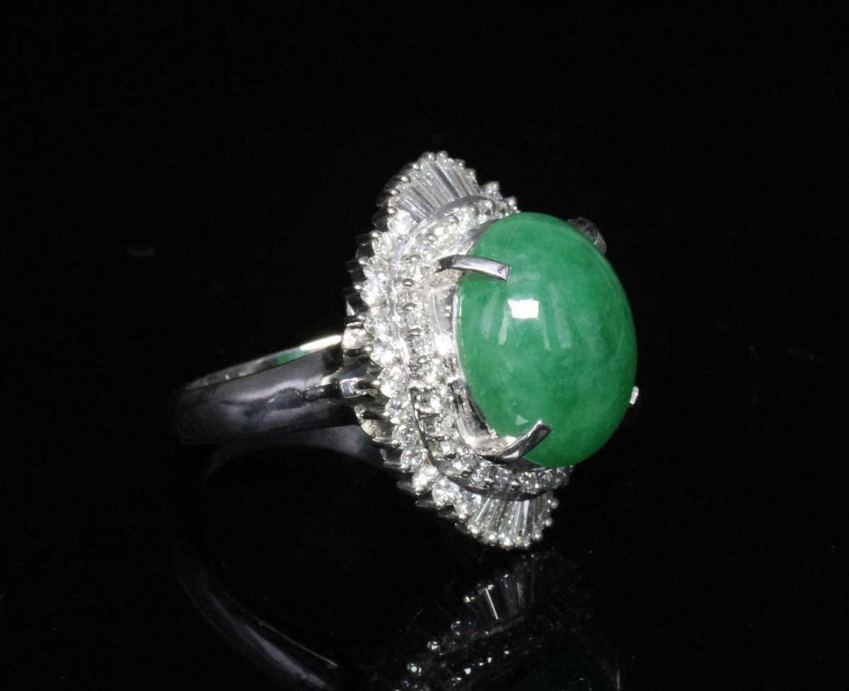 Fine 9.98ct Natural Green Jadeite Jade & 1.21ct Diamond Platinum Ring, Size 7