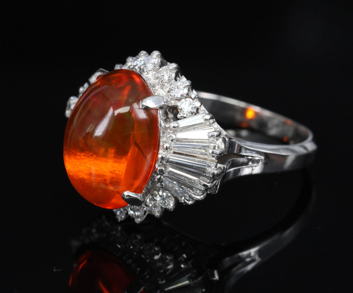 4.68ct Natural Untreated Mexican Fire Opal & 1.07ct Diamond Platinum Ring Size 7
