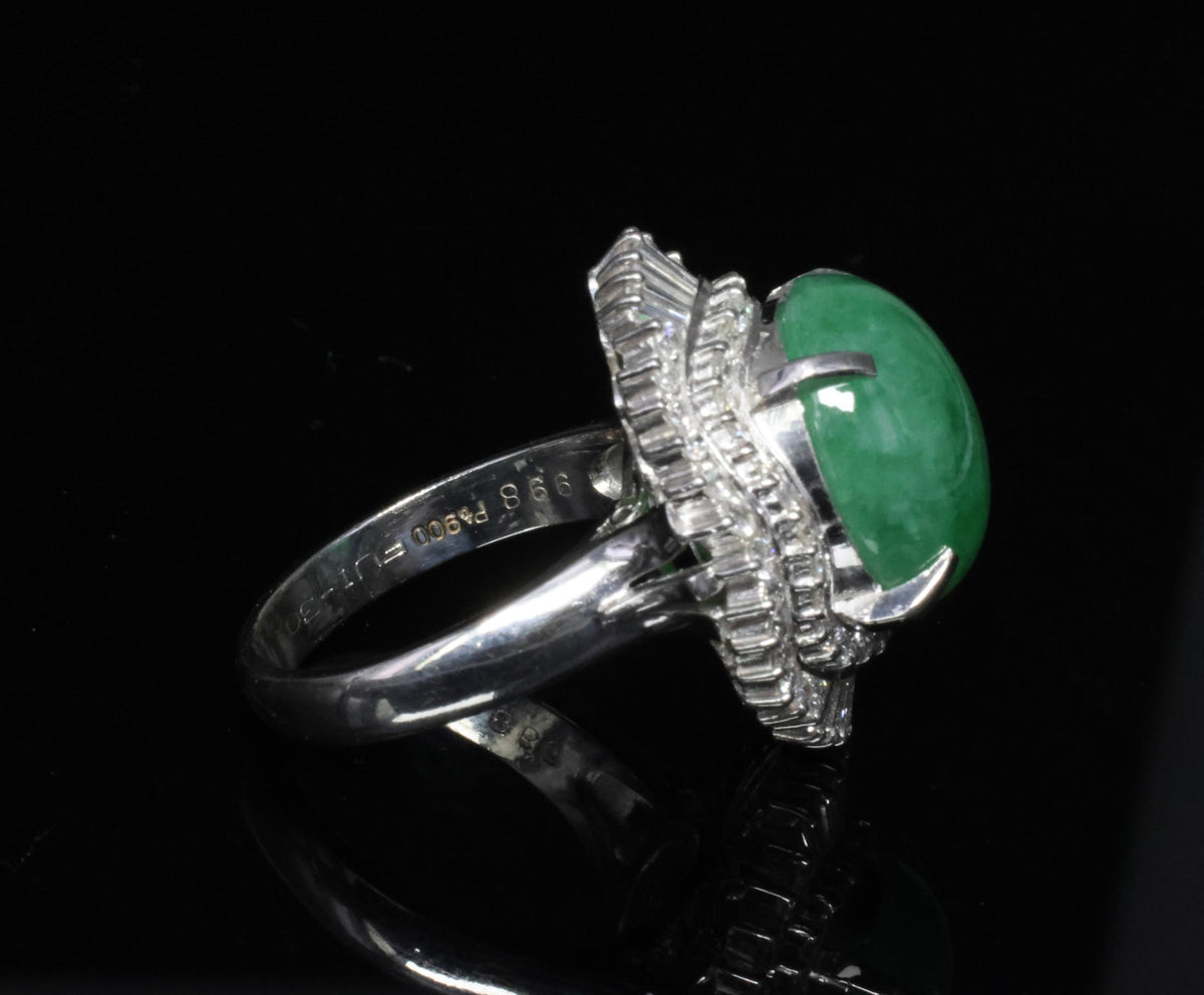 Fine 9.98ct Natural Green Jadeite Jade & 1.21ct Diamond Platinum Ring, Size 7